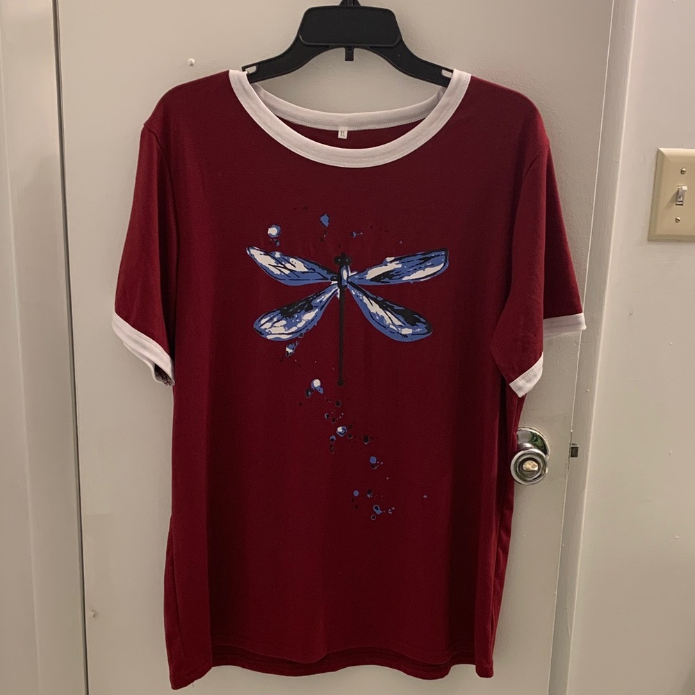 Dark red Dragonfly Graphic Ringer Tee